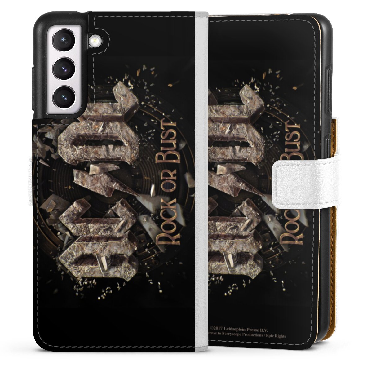 Galaxy S21 5G Handy Klapphülle Handyhülle aus Kunst Leder weiß Flip Case Acdc Official Licensed Product Rock Or Bust Sideflip mit Lasche