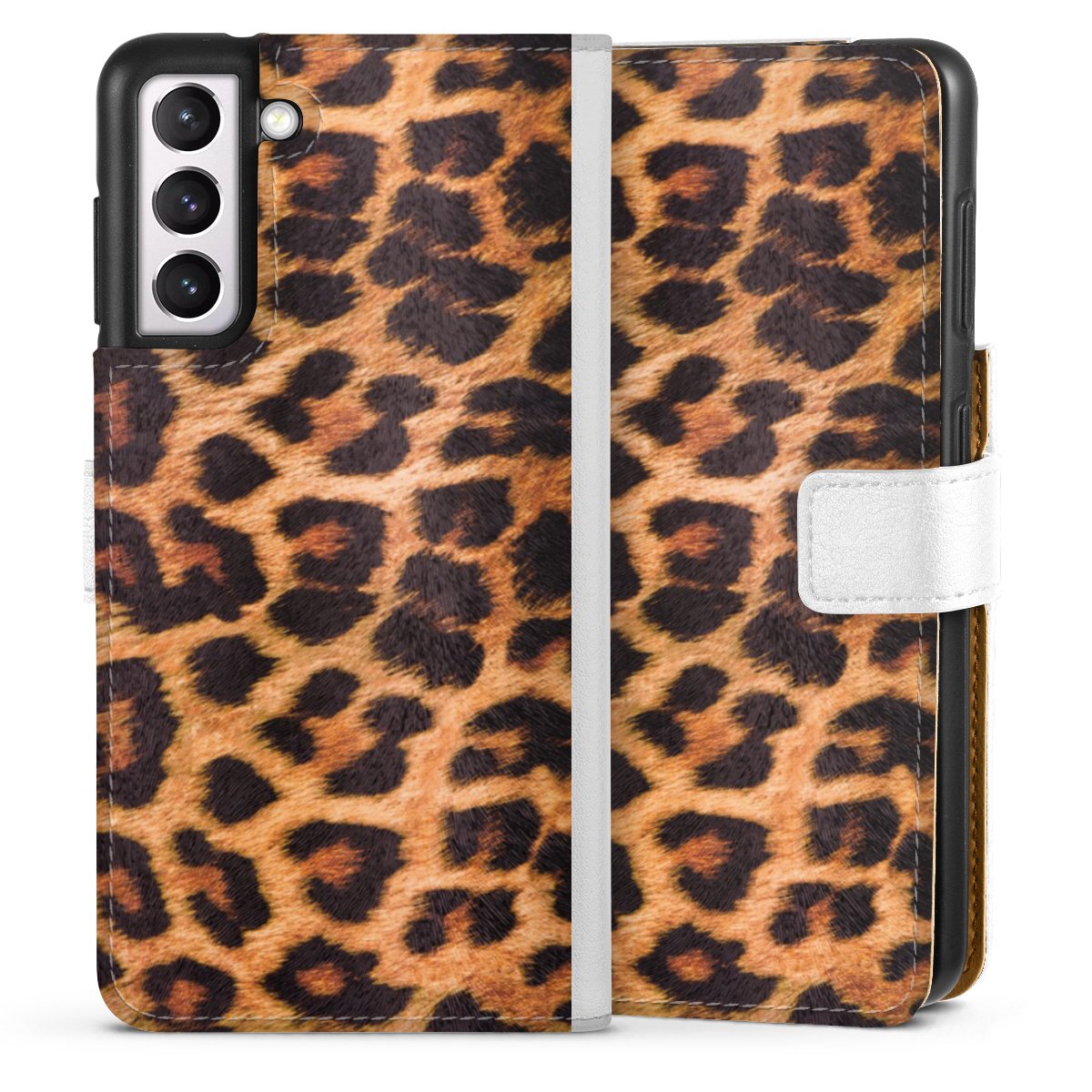 Galaxy S21 5G Handy Klapphülle Handyhülle aus Kunst Leder weiß Flip Case Animal Print Leopard Fur Sideflip mit Lasche