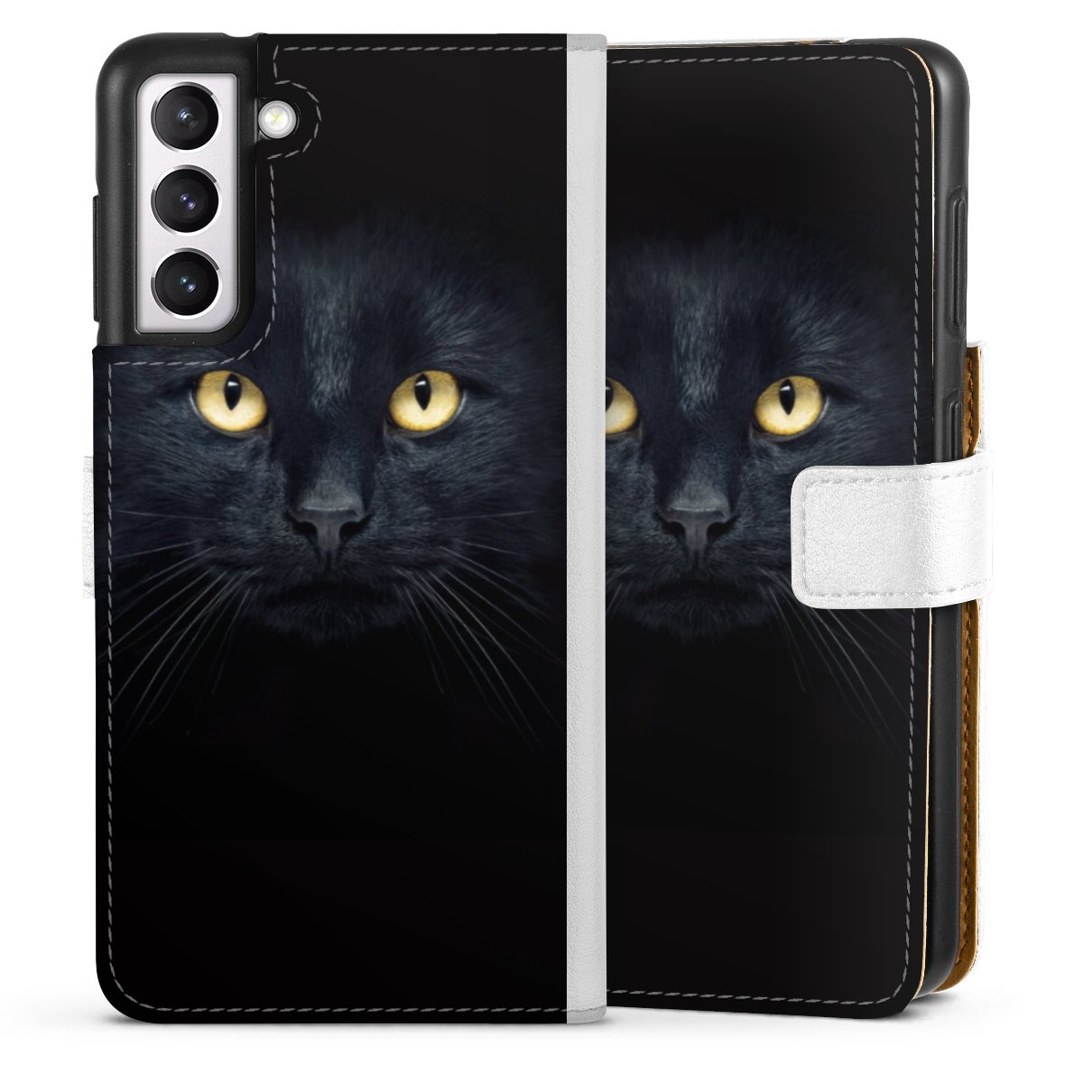 Galaxy S21 5G Handy Klapphülle Handyhülle aus Kunst Leder weiß Flip Case Eye Cat Black Sideflip mit Lasche