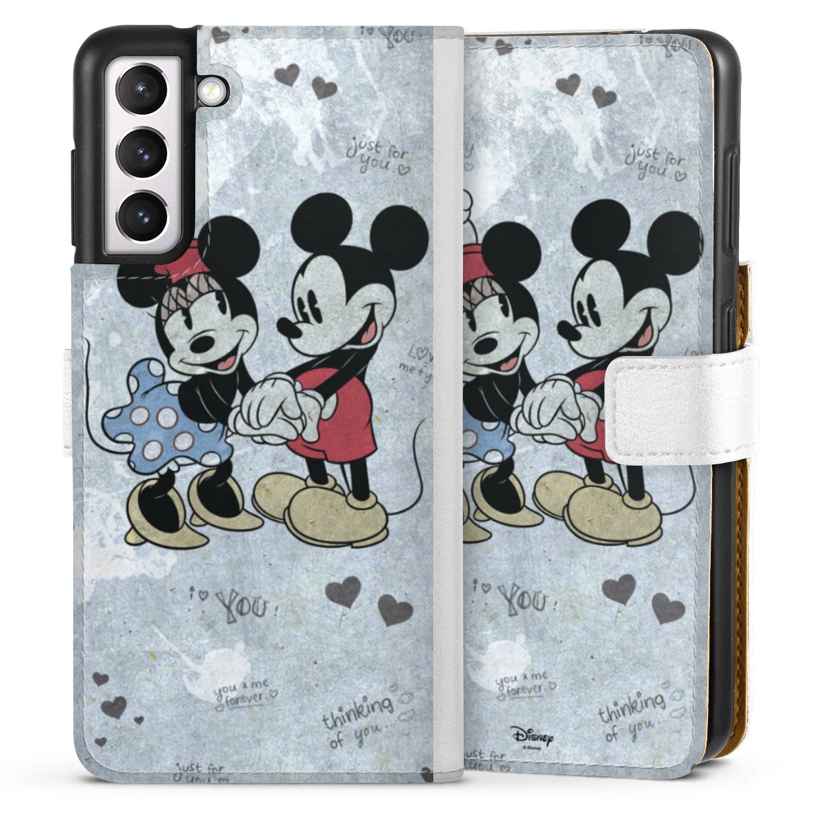 Galaxy S21 5G Handy Klapphülle Handyhülle aus Kunst Leder weiß Flip Case Mickey & Minnie Mouse Vintage Disney Sideflip mit Lasche