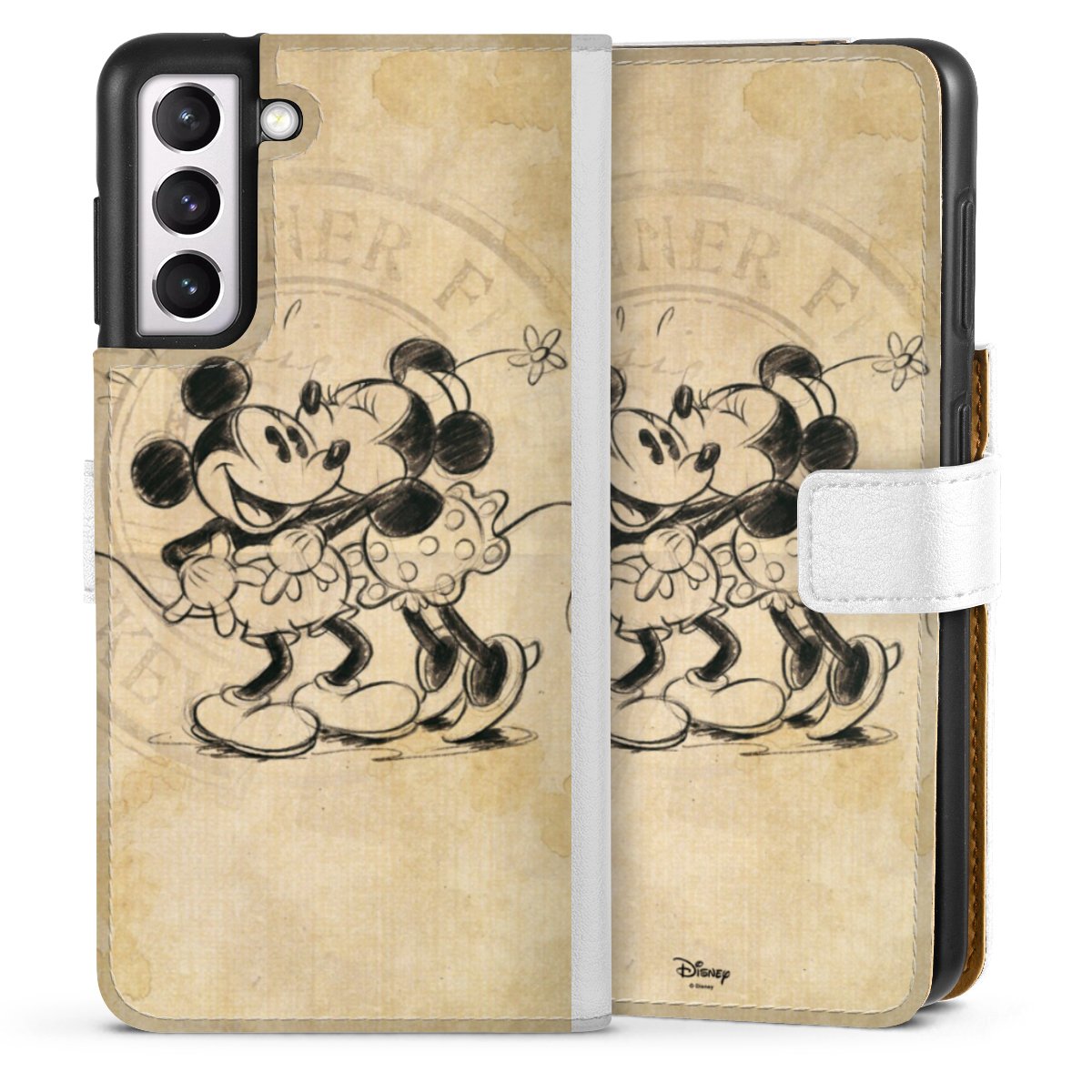 Galaxy S21 5G Handy Klapphülle Handyhülle aus Kunst Leder weiß Flip Case Mickey Mouse Vintage Minnie Mouse Sideflip mit Lasche