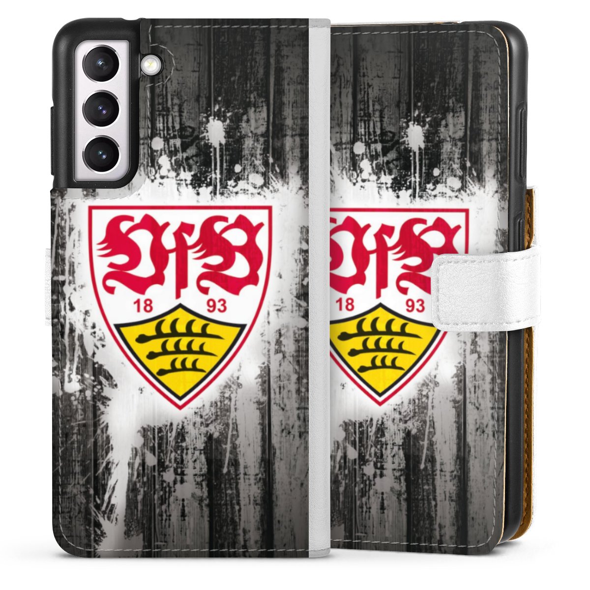 Galaxy S21 5G Handy Klapphülle Handyhülle aus Kunst Leder weiß Flip Case Vfb Stuttgart Official Licensed Product Sideflip mit Lasche