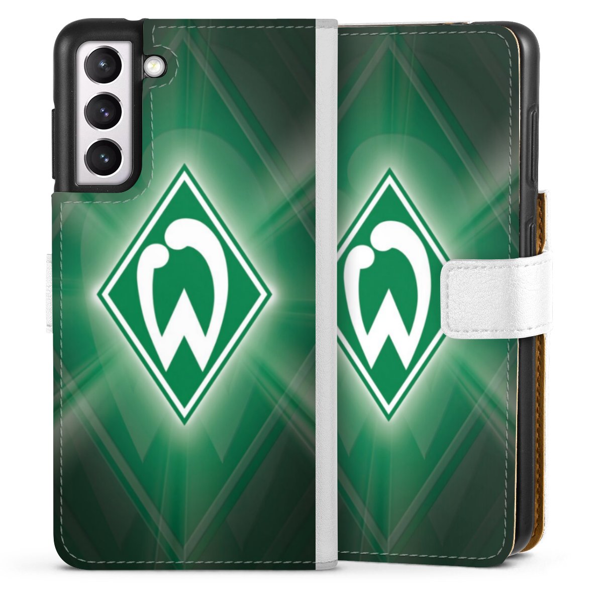 Galaxy S21 5G Handy Klapphülle Handyhülle aus Kunst Leder weiß Flip Case Sv Werder Bremen Official Licensed Product Coat Of Arms Sideflip mit Lasche