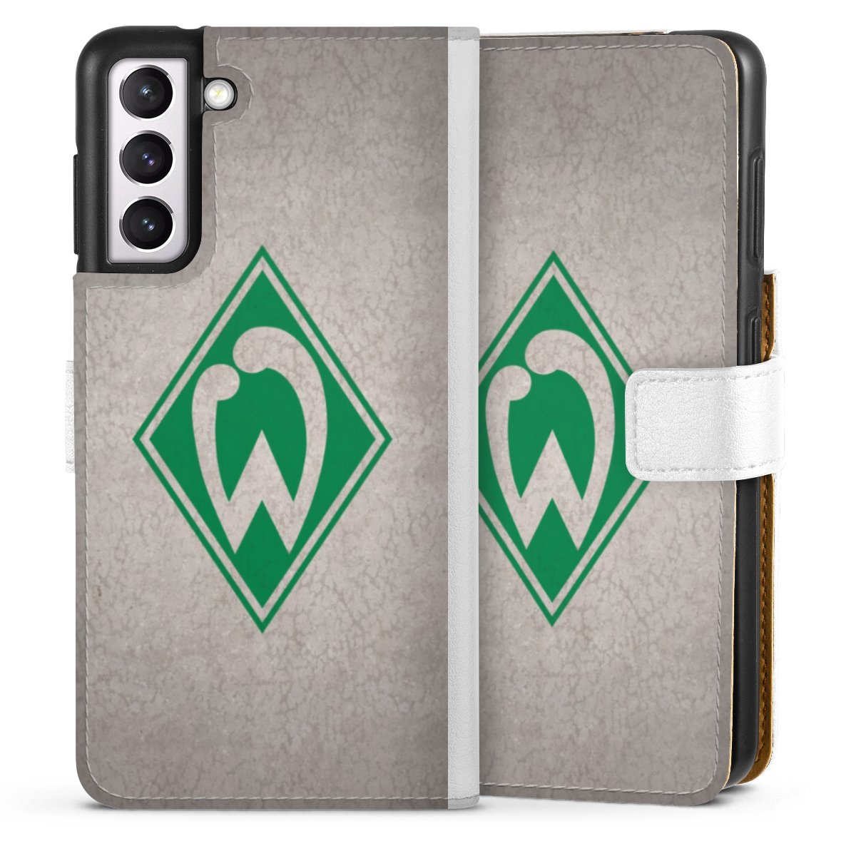 Galaxy S21 5G Handy Klapphülle Handyhülle aus Kunst Leder weiß Flip Case Sv Werder Bremen Concrete Official Licensed Product Sideflip mit Lasche