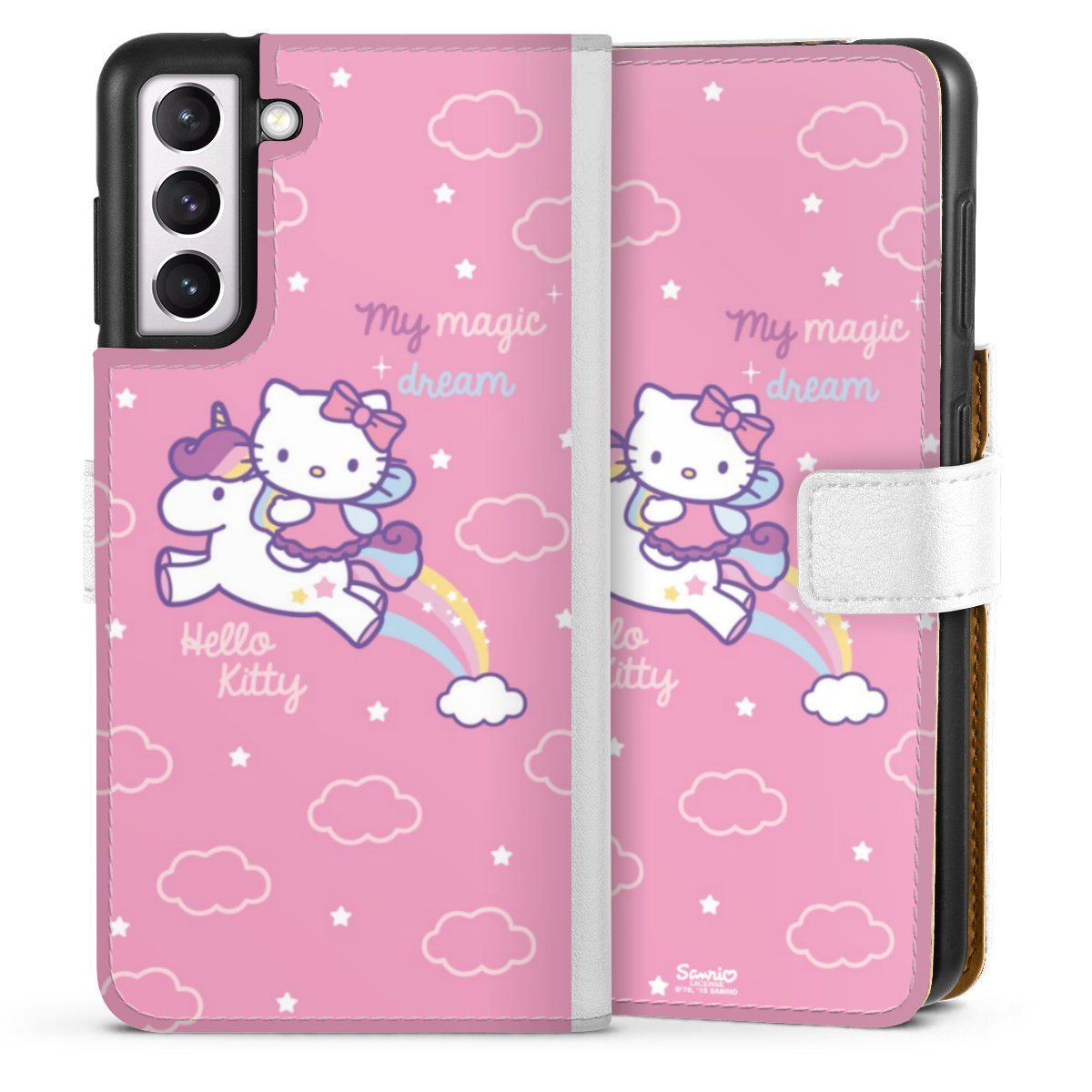 Galaxy S21 5G Handy Klapphülle Handyhülle aus Kunst Leder weiß Flip Case Einhorn Official Licensed Product Hello Kitty Sideflip mit Lasche