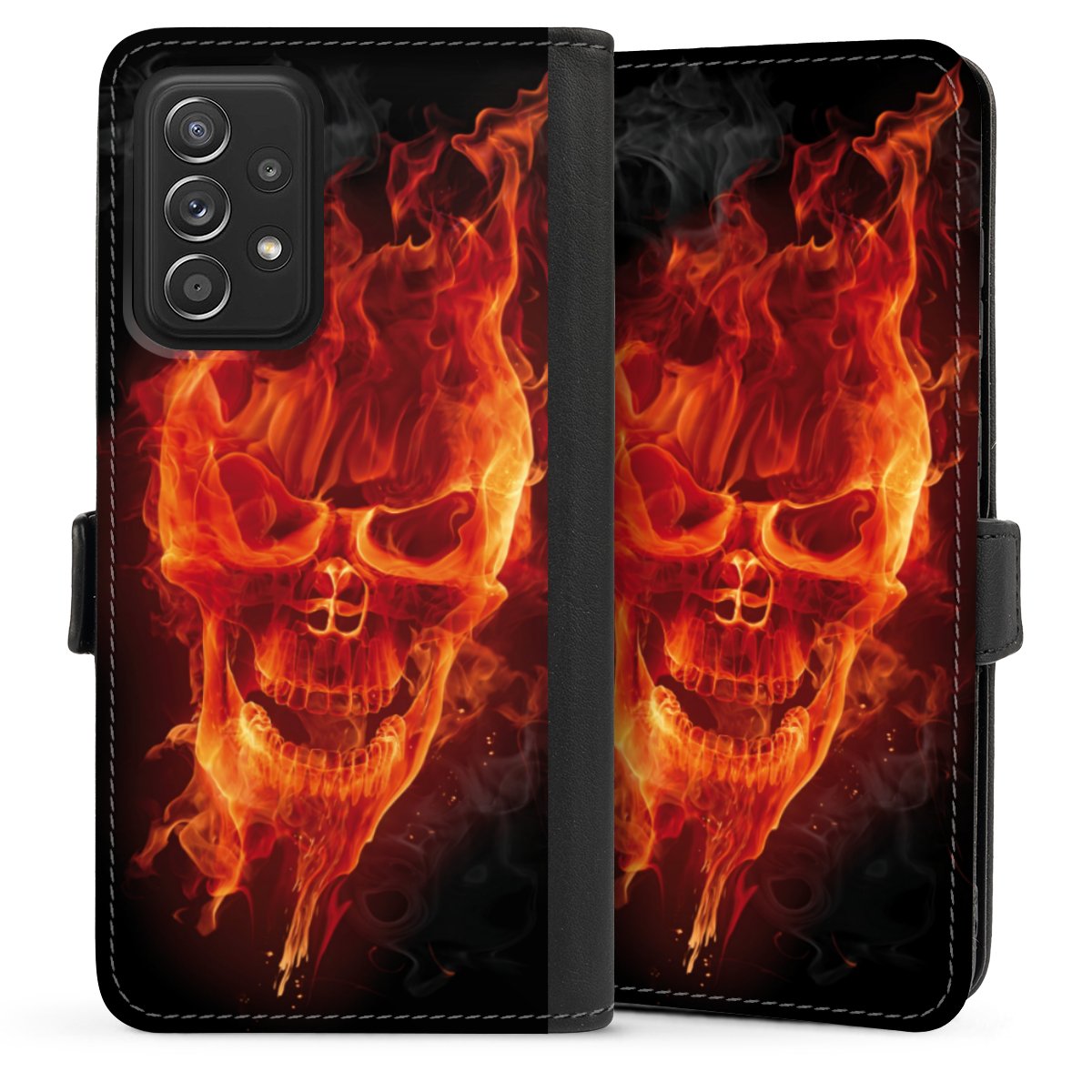 Galaxy A52 Handy Klapphülle Handyhülle aus Kunst Leder schwarz Flip Case Totenkopf Skull Fire Sideflip mit Lasche