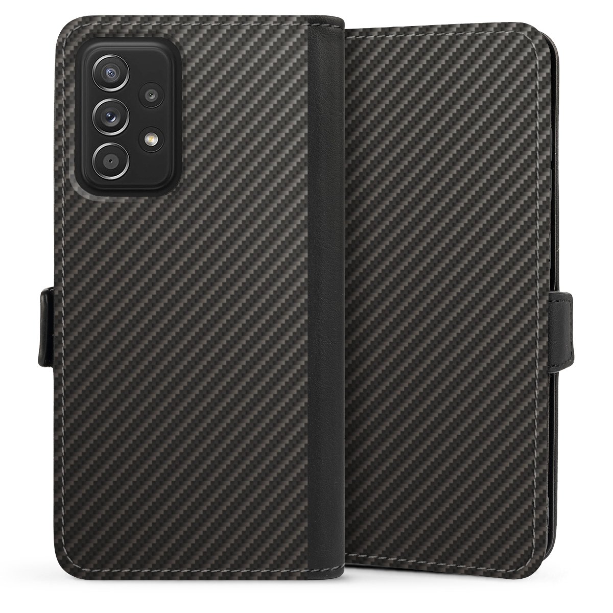 Galaxy A52 Handy Klapphülle Handyhülle aus Kunst Leder schwarz Flip Case Metallic Look Carbon Muster Sideflip mit Lasche