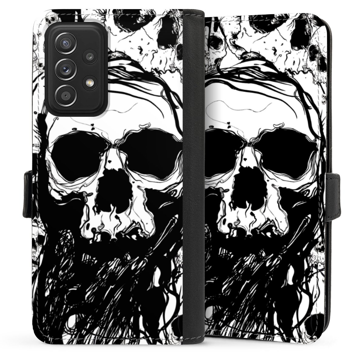 Galaxy A52 Handy Klapphülle Handyhülle aus Kunst Leder schwarz Flip Case Totenkopf Halloween Sideflip mit Lasche