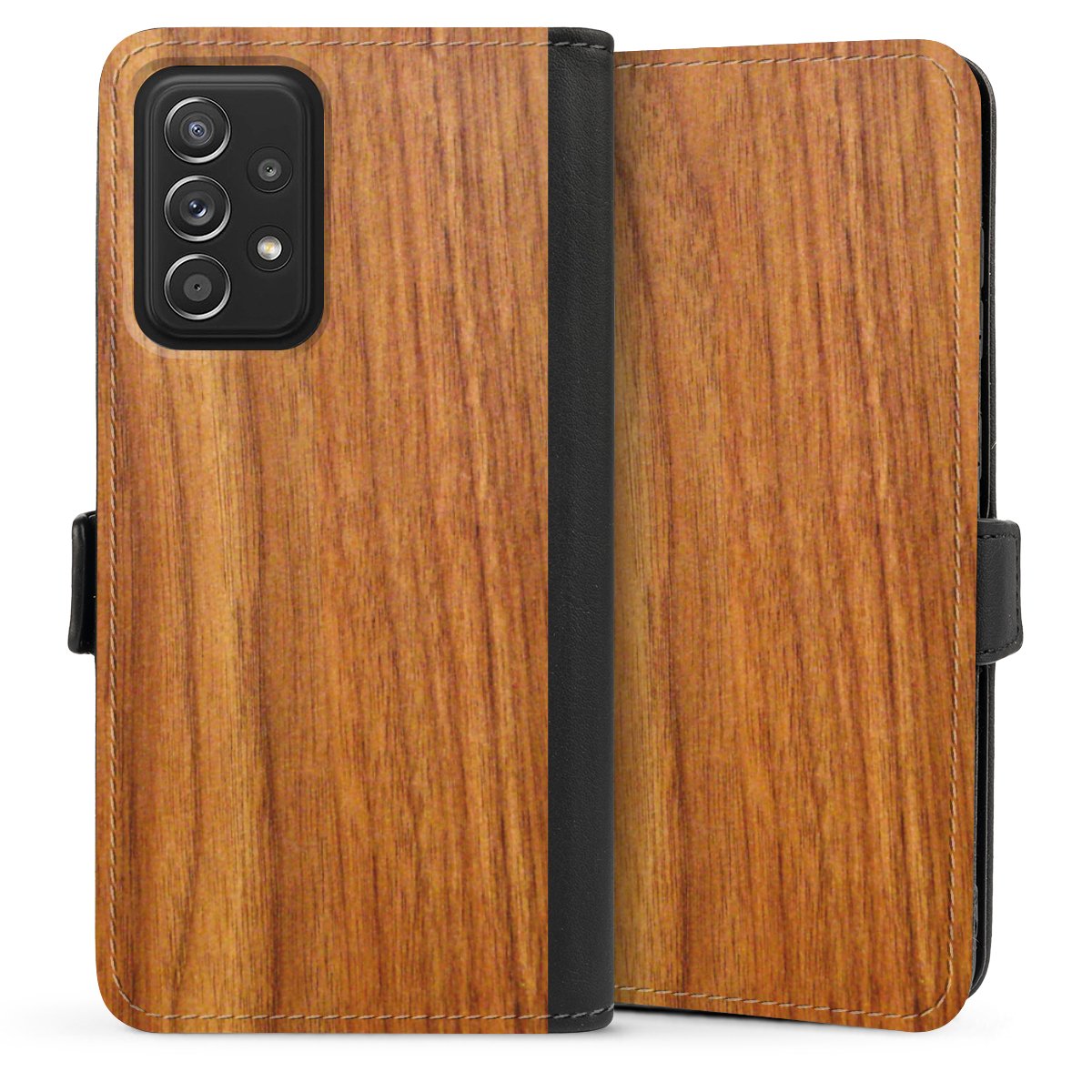 Galaxy A52 Handy Klapphülle Handyhülle aus Kunst Leder schwarz Flip Case Wood Larch Wooden Look Sideflip mit Lasche