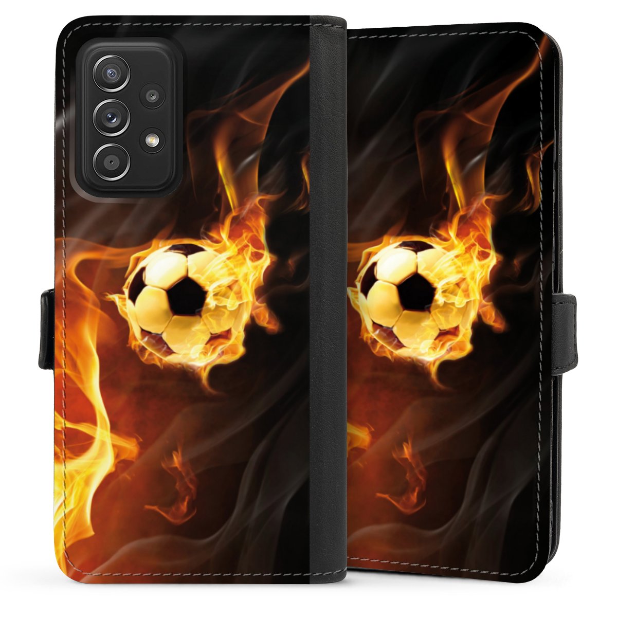 Galaxy A52 Handy Klapphülle Handyhülle aus Kunst Leder schwarz Flip Case Ball Fire Soccer Sideflip mit Lasche