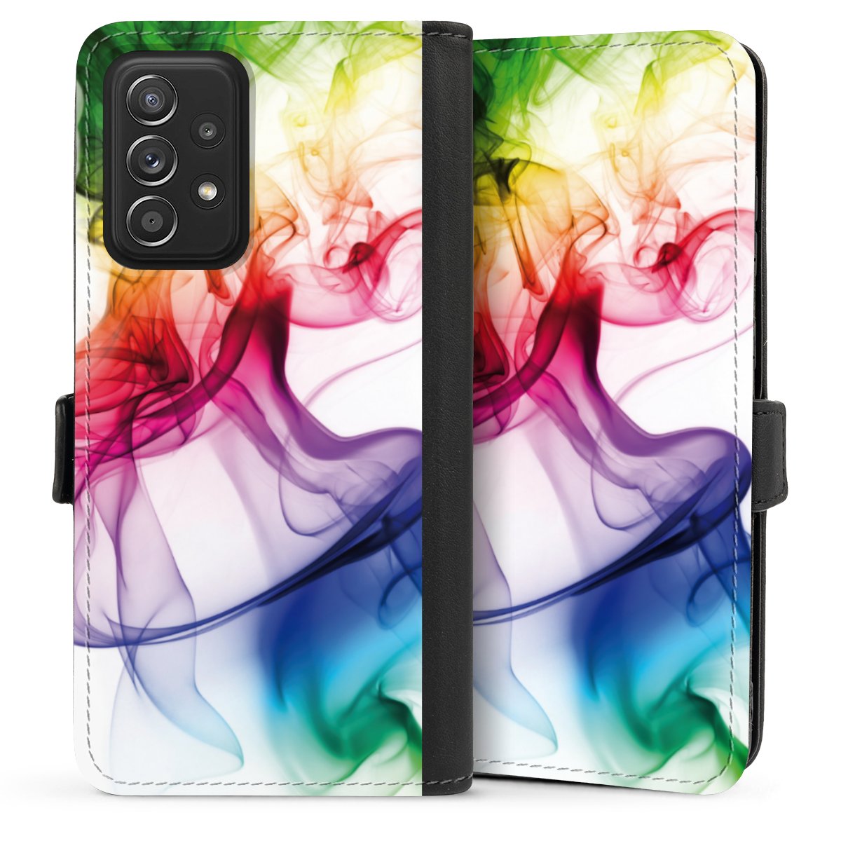 Galaxy A52 Handy Klapphülle Handyhülle aus Kunst Leder schwarz Flip Case Water Colour Rainbow Sideflip mit Lasche