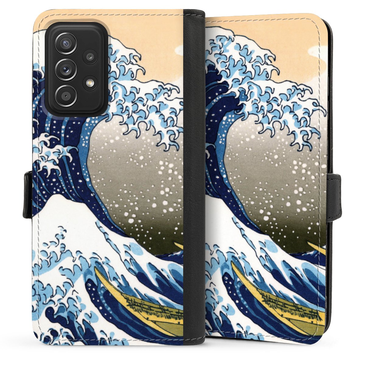 Galaxy A52 Handy Klapphülle Handyhülle aus Kunst Leder schwarz Flip Case Kunst Katsushika Hokusai Die Große Welle Vor Kanagawa Sideflip mit Lasche