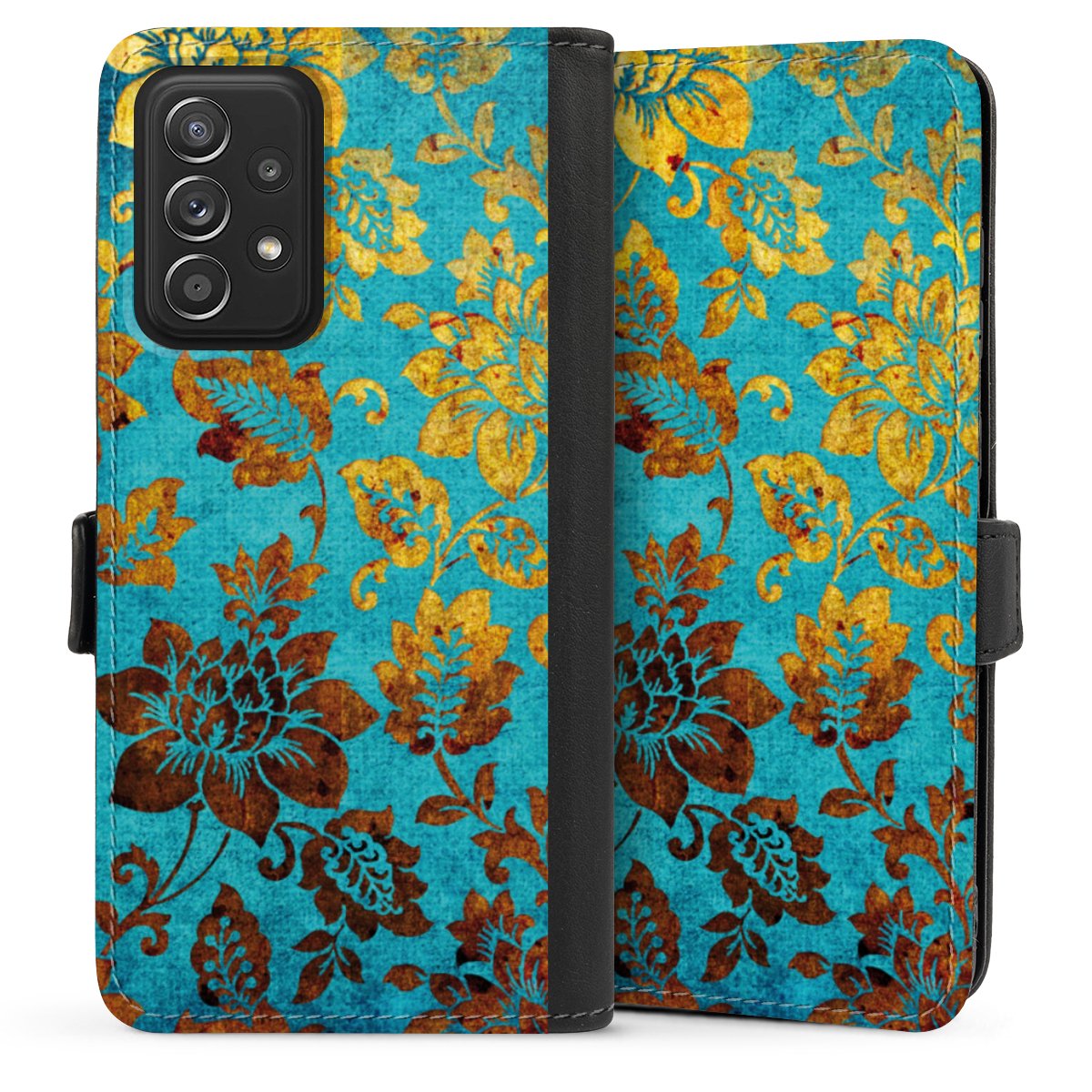 Galaxy A52 Handy Klapphülle Handyhülle aus Kunst Leder schwarz Flip Case Ornament Vintage Flowers Sideflip mit Lasche