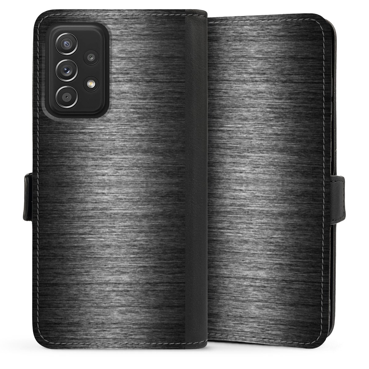 Galaxy A52 Handy Klapphülle Handyhülle aus Kunst Leder schwarz Flip Case Metallic Look Anthracite Metal Sideflip mit Lasche