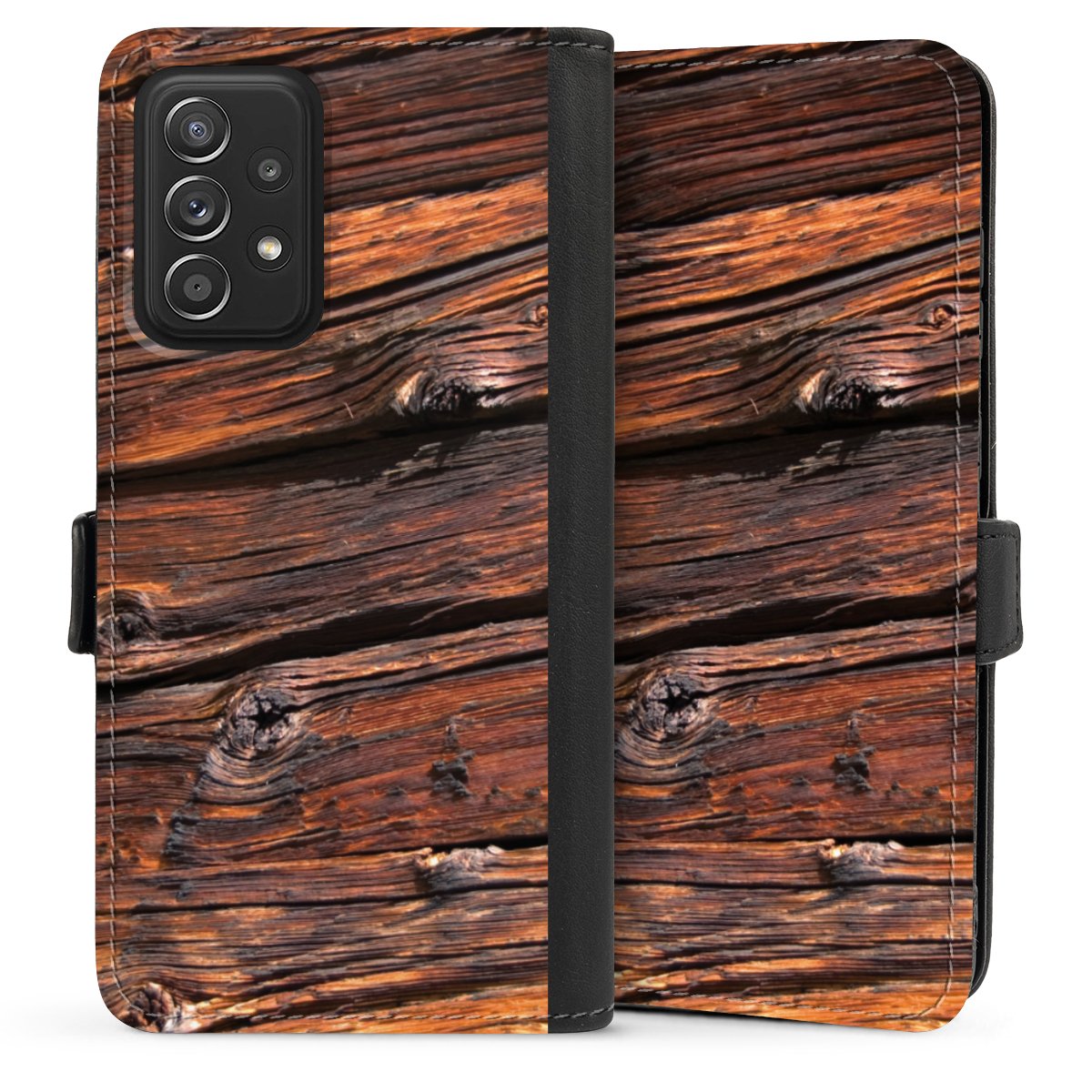 Galaxy A52 Handy Klapphülle Handyhülle aus Kunst Leder schwarz Flip Case Beams Wooden Look Wood Sideflip mit Lasche