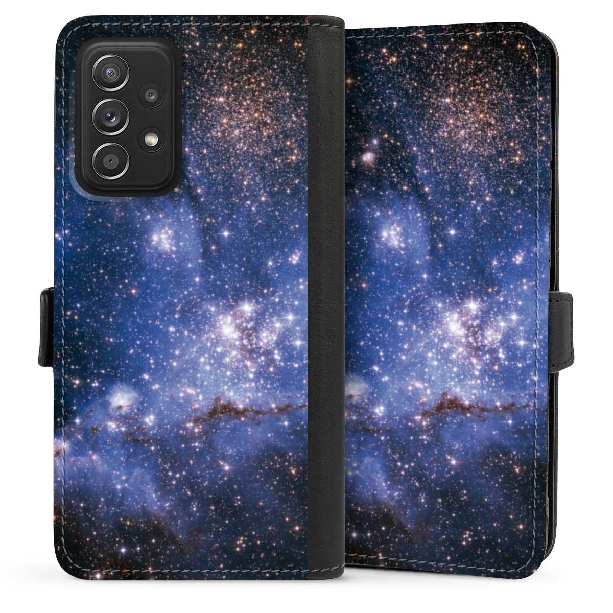 Galaxy A52 Handy Klapphülle Handyhülle aus Kunst Leder schwarz Flip Case Weltall Galaxy Weltraum Sideflip mit Lasche