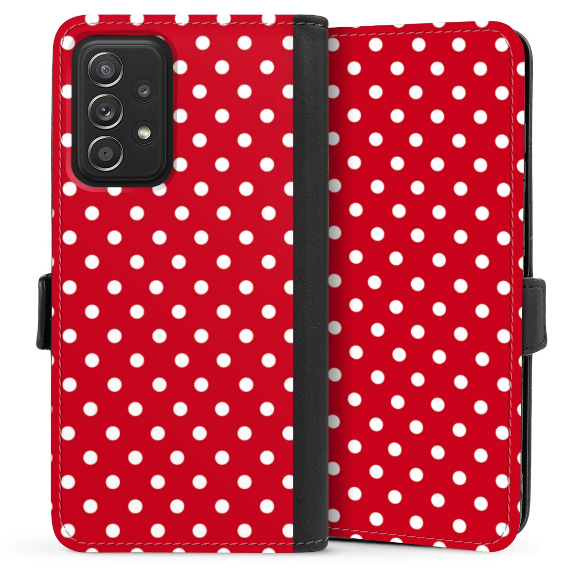 Galaxy A52 Handy Klapphülle Handyhülle aus Kunst Leder schwarz Flip Case Points Polka Dots Retro Sideflip mit Lasche