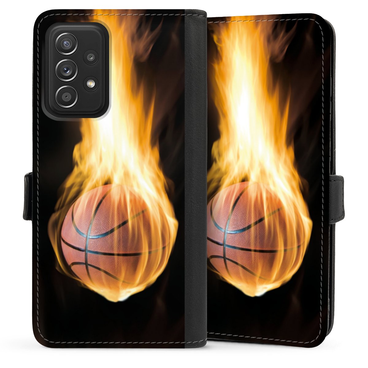 Galaxy A52 Handy Klapphülle Handyhülle aus Kunst Leder schwarz Flip Case Basketball Sports Fire Sideflip mit Lasche