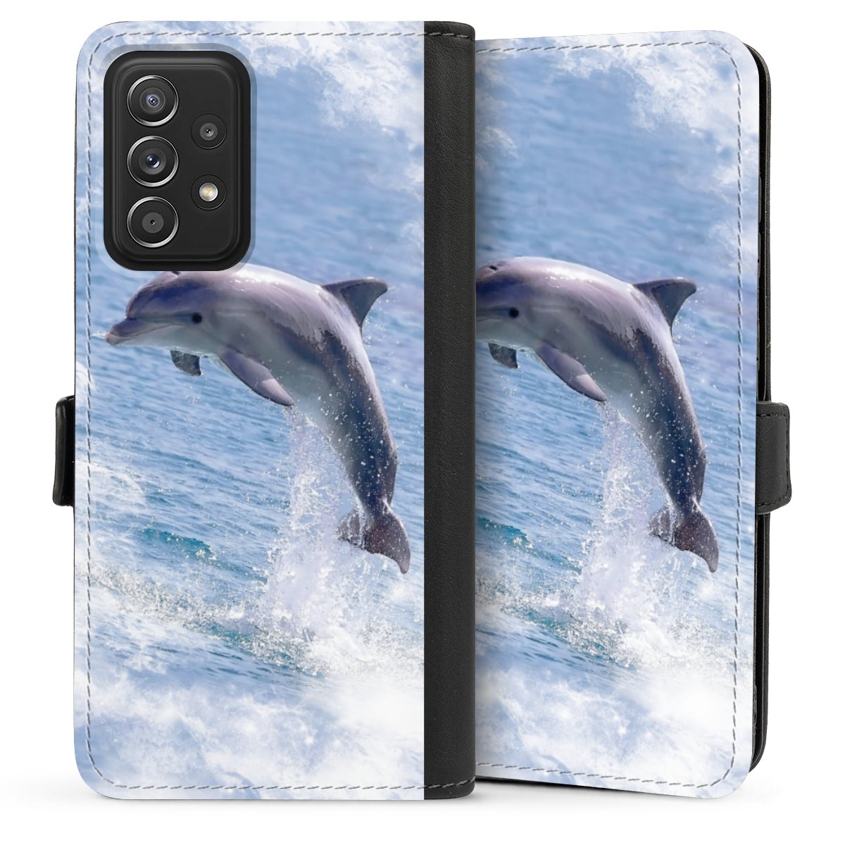 Galaxy A52 Handy Klapphülle Handyhülle aus Kunst Leder schwarz Flip Case Dolphin Ocean Wale Sideflip mit Lasche