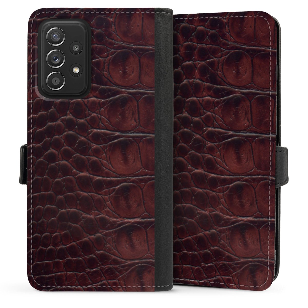 Galaxy A52 Handy Klapphülle Handyhülle aus Kunst Leder schwarz Flip Case Crocodile Animal Print Leather Sideflip mit Lasche