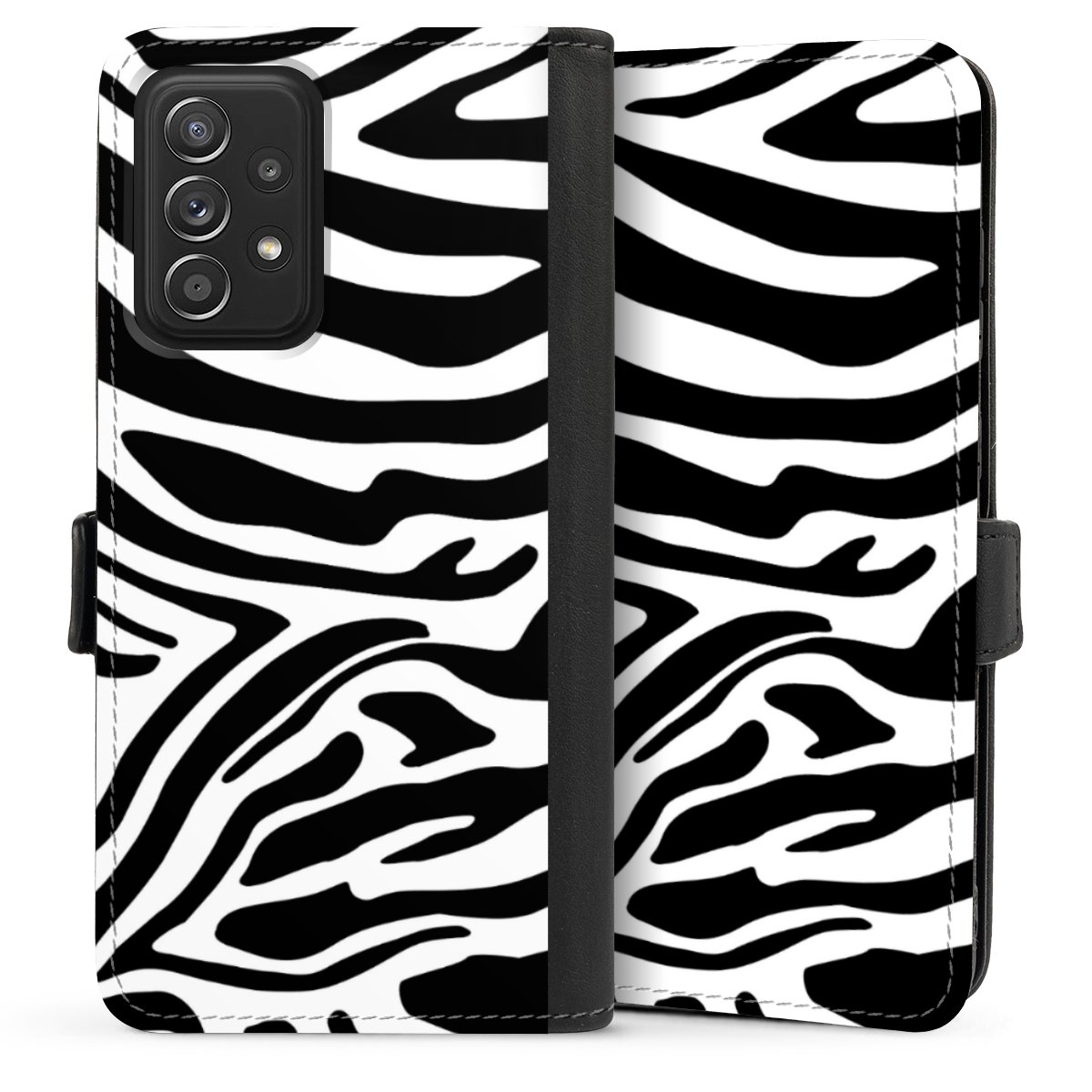 Galaxy A52 Handy Klapphülle Handyhülle aus Kunst Leder schwarz Flip Case Zebra Animal Look Animal Print Sideflip mit Lasche