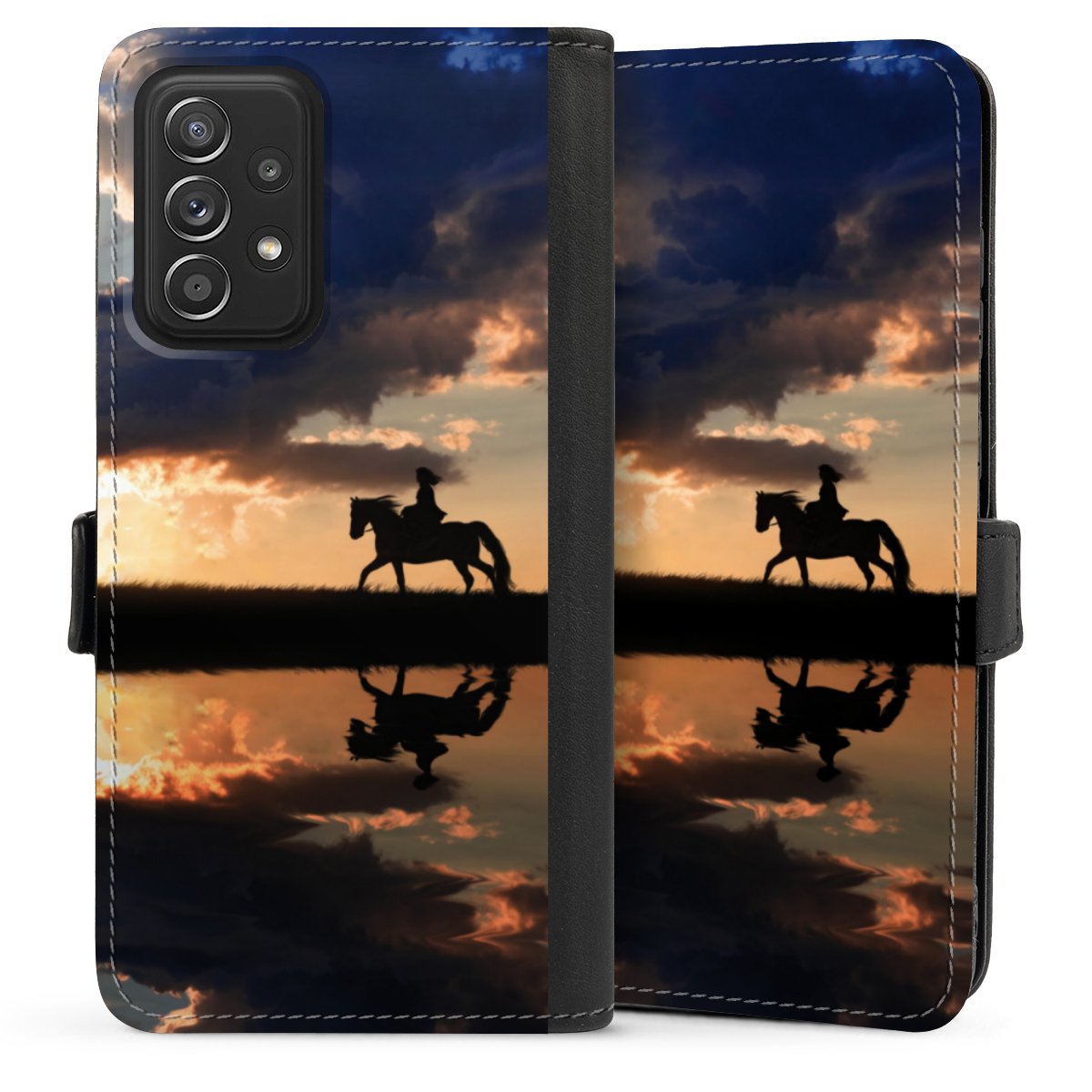 Galaxy A52 Handy Klapphülle Handyhülle aus Kunst Leder schwarz Flip Case Horse Sunset Horseback Riding Sideflip mit Lasche