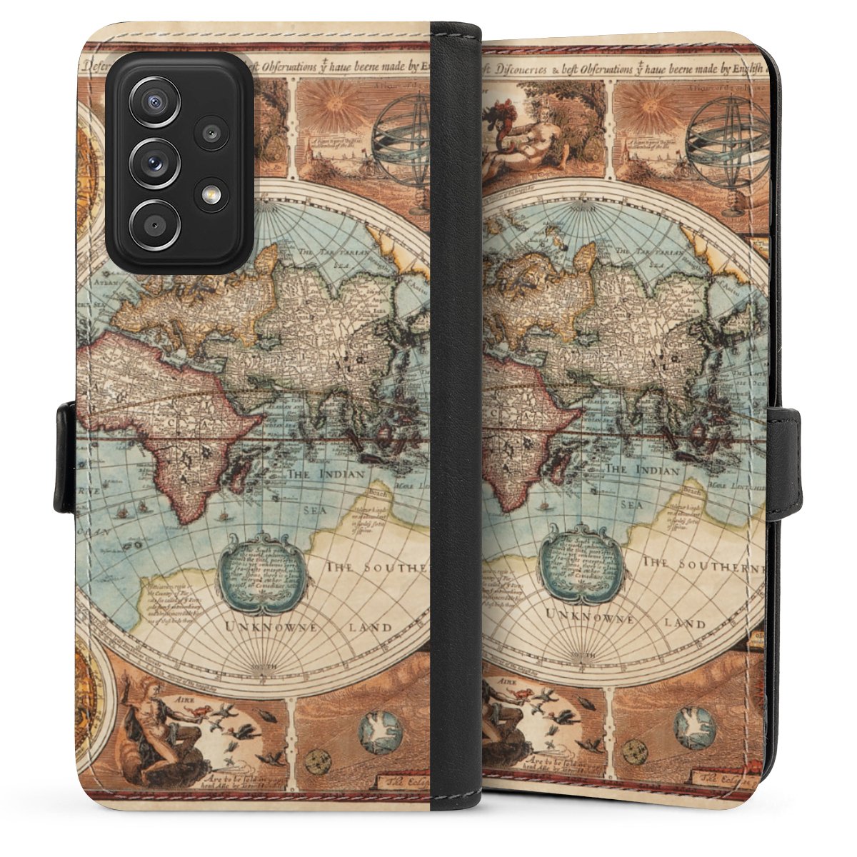 Galaxy A52 Handy Klapphülle Handyhülle aus Kunst Leder schwarz Flip Case World Map Vintage Map Sideflip mit Lasche