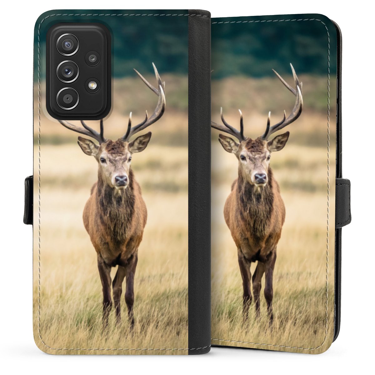 Galaxy A52 Handy Klapphülle Handyhülle aus Kunst Leder schwarz Flip Case Deer Meadow Forrest Sideflip mit Lasche