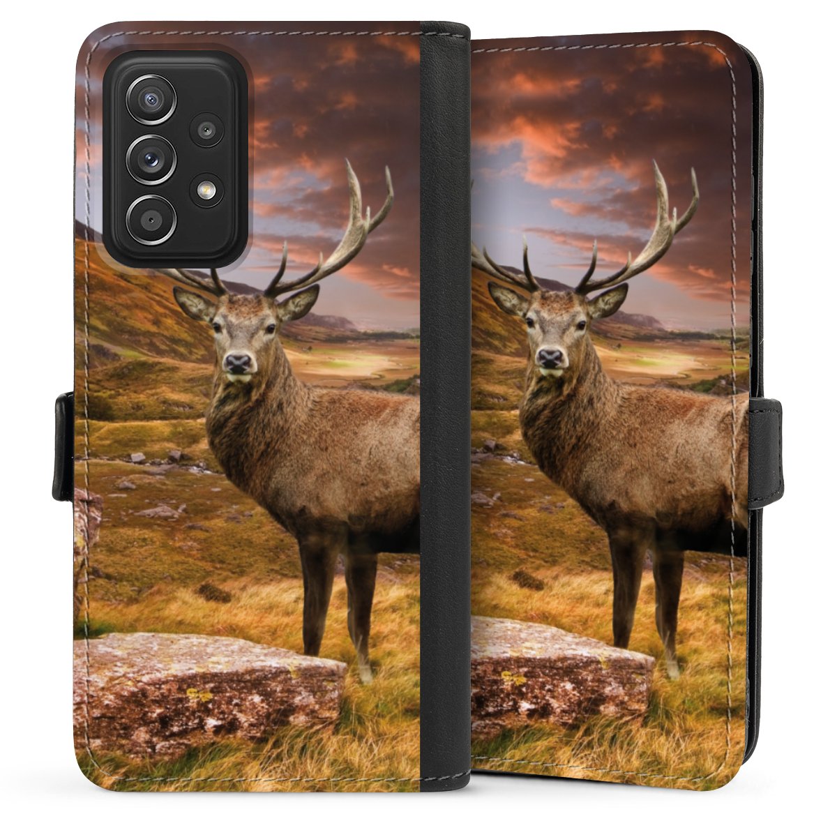 Galaxy A52 Handy Klapphülle Handyhülle aus Kunst Leder schwarz Flip Case Meadow Mountain Deer Sideflip mit Lasche