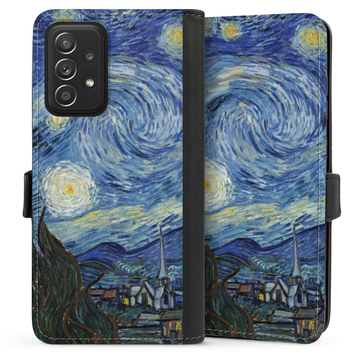 Galaxy A52 Handy Klapphülle Handyhülle aus Kunst Leder schwarz Flip Case The Starry Night Kunst Vincent Van Gogh Sideflip mit Lasche