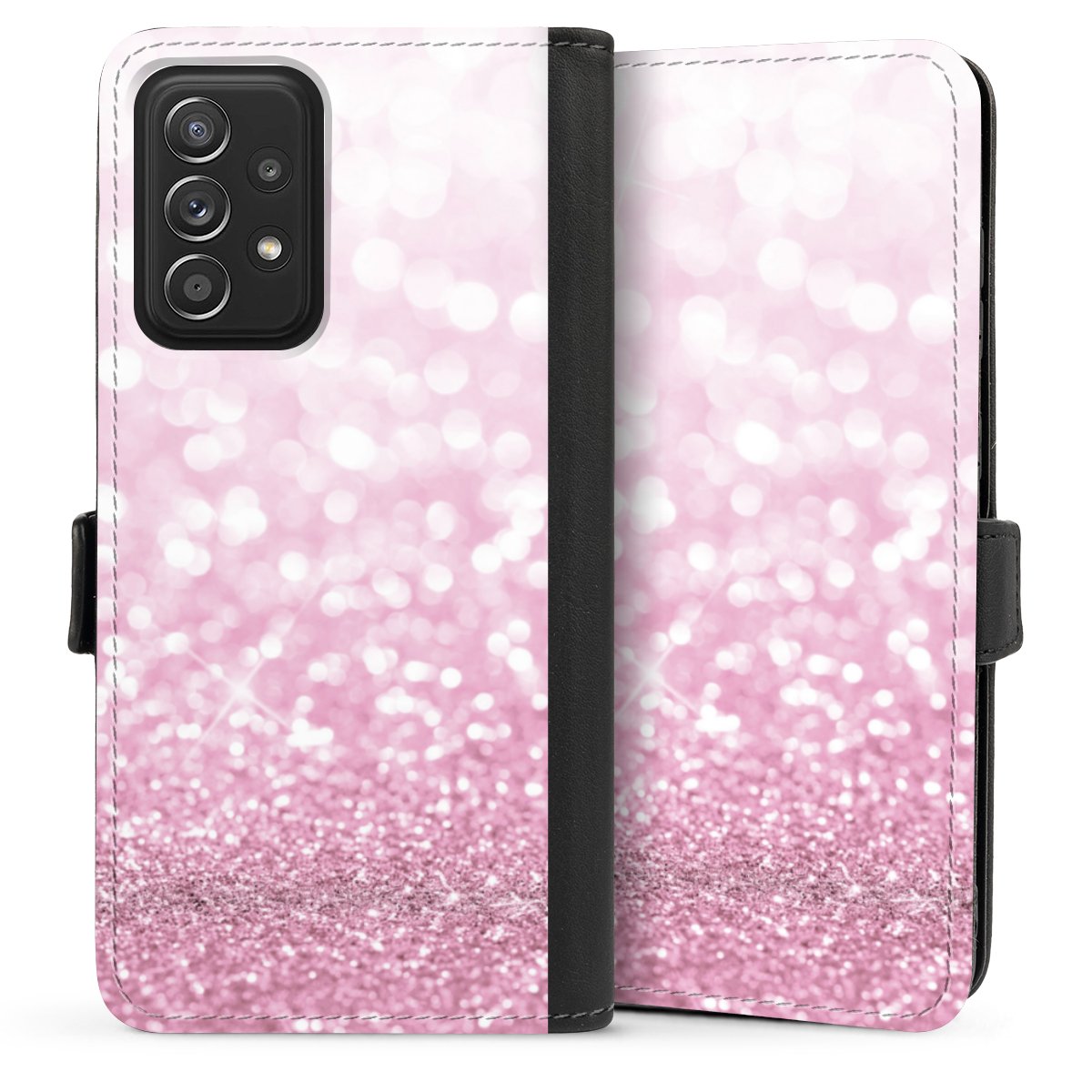 Galaxy A52 Handy Klapphülle Handyhülle aus Kunst Leder schwarz Flip Case Glitzer Pink Shine Sideflip mit Lasche