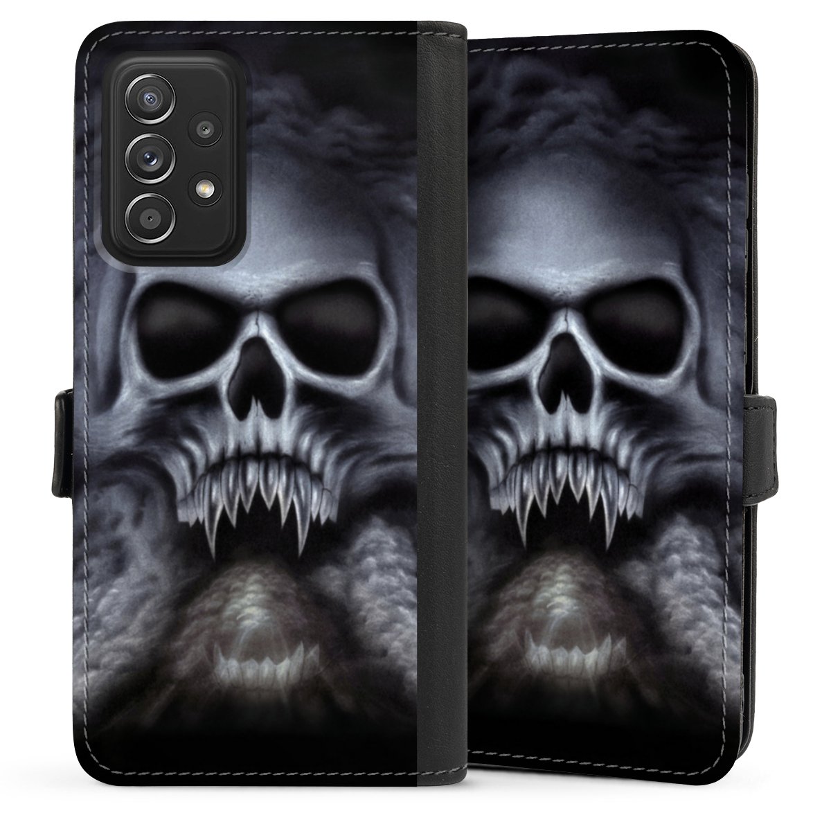 Galaxy A52 Handy Klapphülle Handyhülle aus Kunst Leder schwarz Flip Case Totenkopf Skull Sideflip mit Lasche