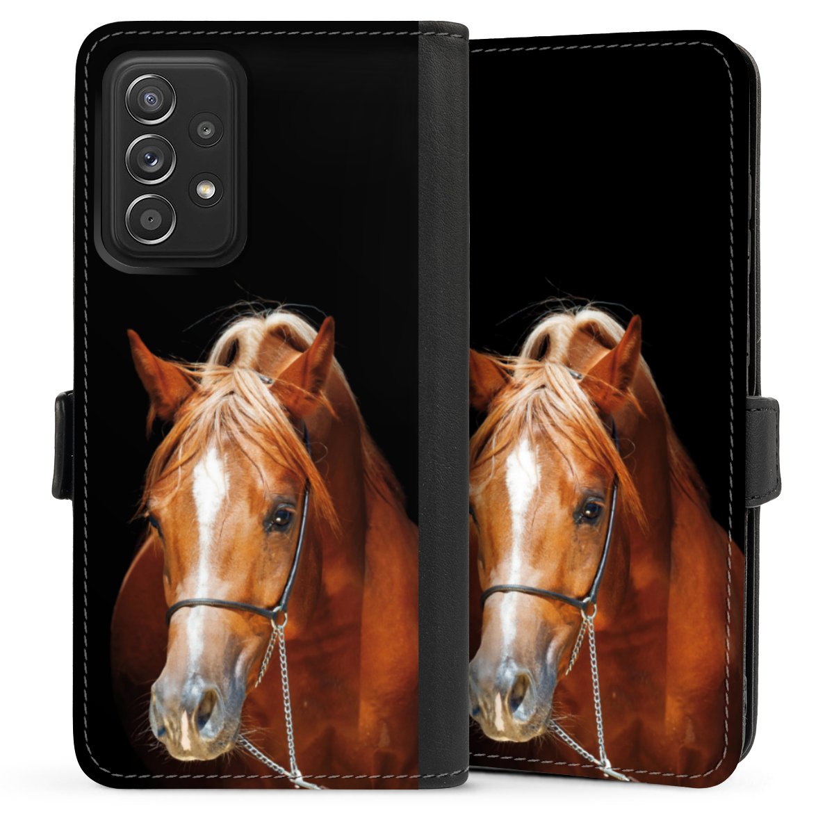 Galaxy A52 Handy Klapphülle Handyhülle aus Kunst Leder schwarz Flip Case Mare Horse Hobby Sideflip mit Lasche