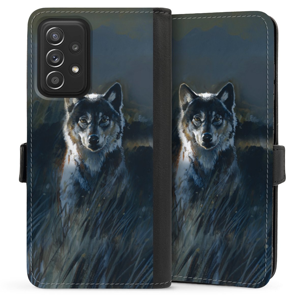 Galaxy A52 Handy Klapphülle Handyhülle aus Kunst Leder schwarz Flip Case Nature Wolf Painting Sideflip mit Lasche