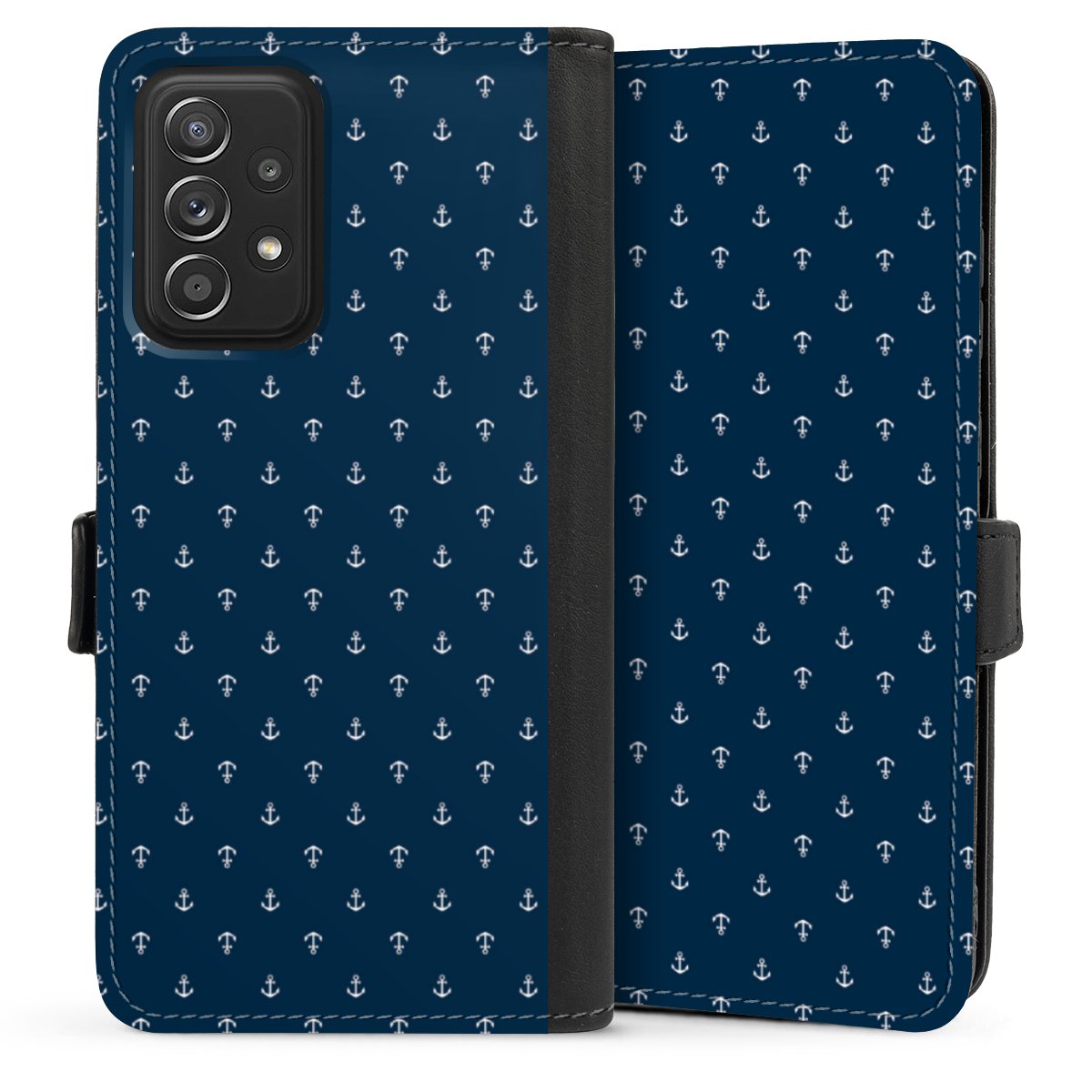 Galaxy A52 Handy Klapphülle Handyhülle aus Kunst Leder schwarz Flip Case Muster Anchor Sail Sideflip mit Lasche