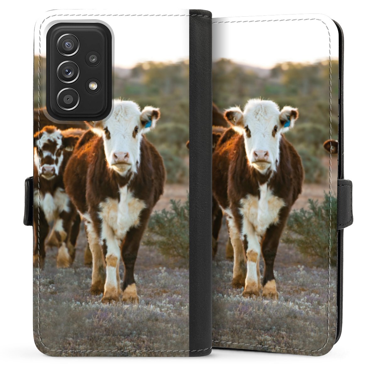 Galaxy A52 Handy Klapphülle Handyhülle aus Kunst Leder schwarz Flip Case Cow Farmer Calf Sideflip mit Lasche