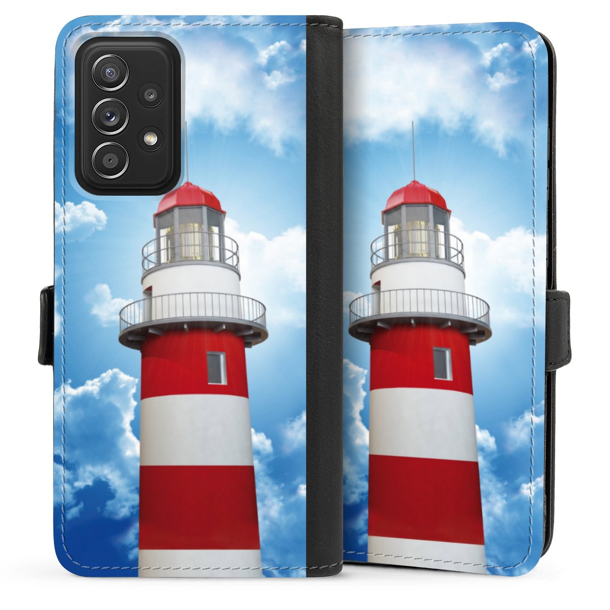 Galaxy A52 Handy Klapphülle Handyhülle aus Kunst Leder schwarz Flip Case Lighthouse Sky Cloud Sideflip mit Lasche