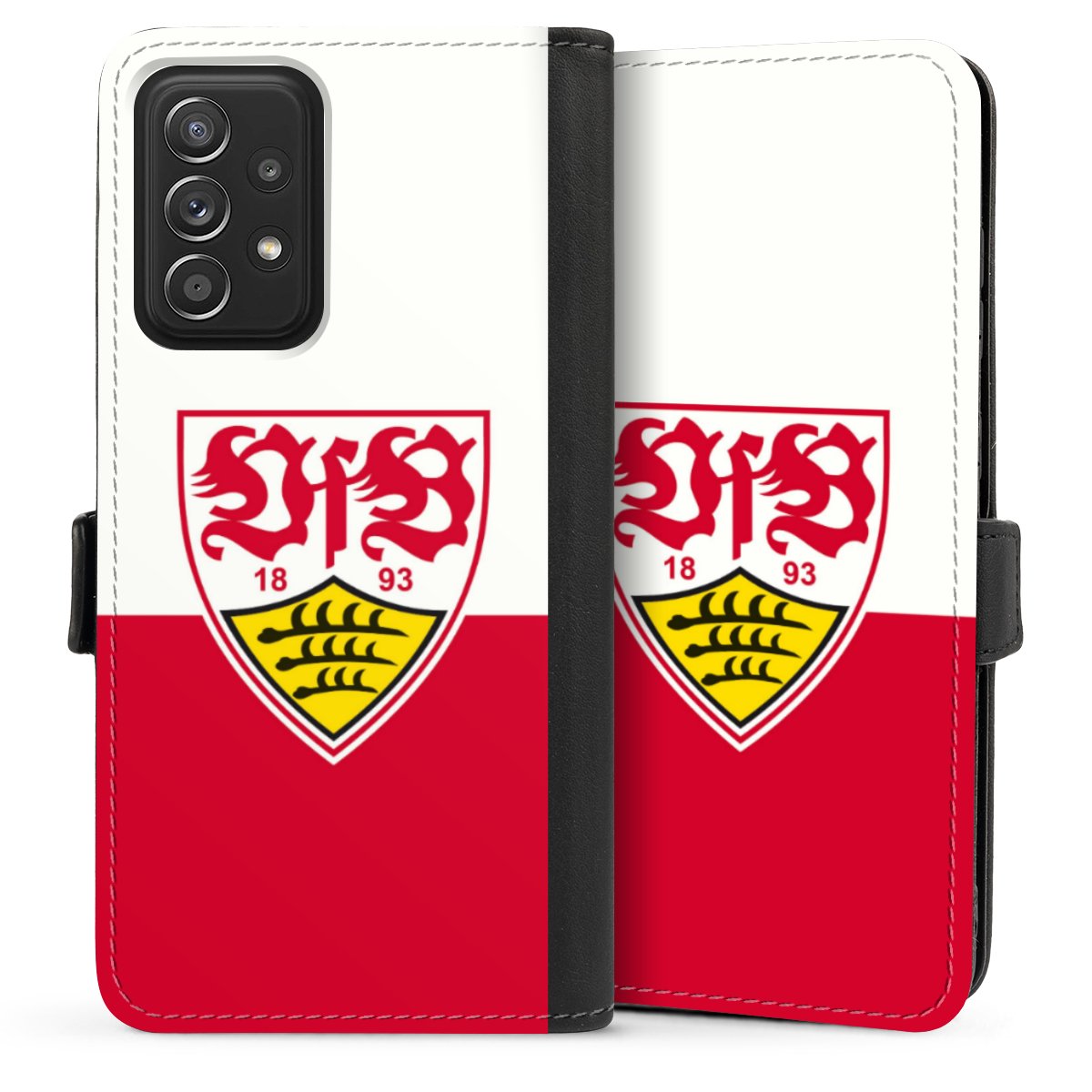 Galaxy A52 Handy Klapphülle Handyhülle aus Kunst Leder schwarz Flip Case Official Licensed Product Logo Vfb Stuttgart Sideflip mit Lasche