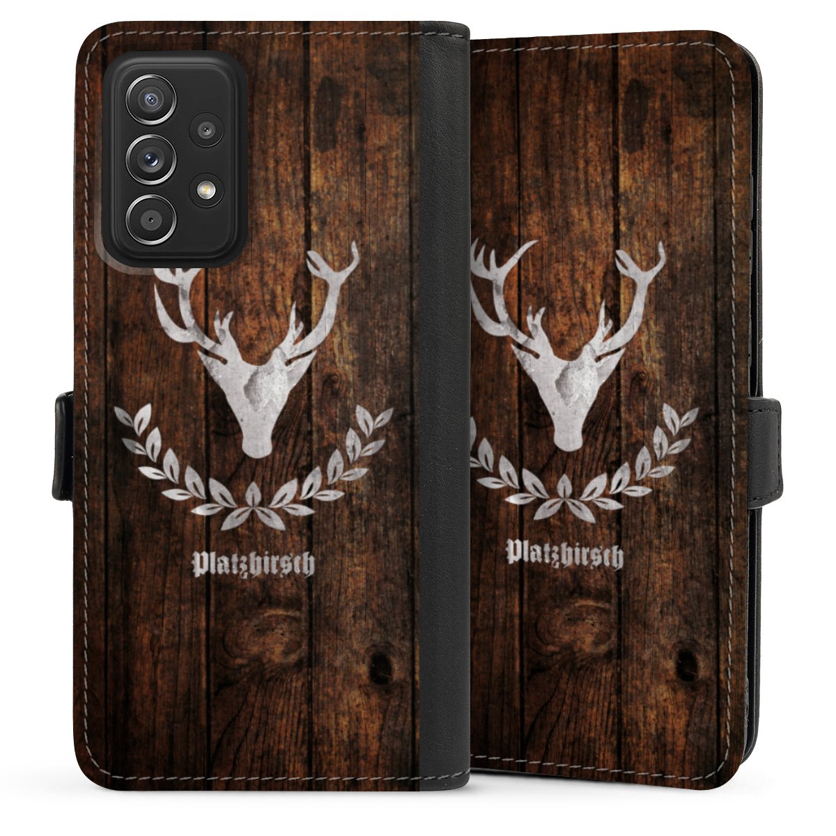 Galaxy A52 Handy Klapphülle Handyhülle aus Kunst Leder schwarz Flip Case Deer Wood Wooden Look Sideflip mit Lasche