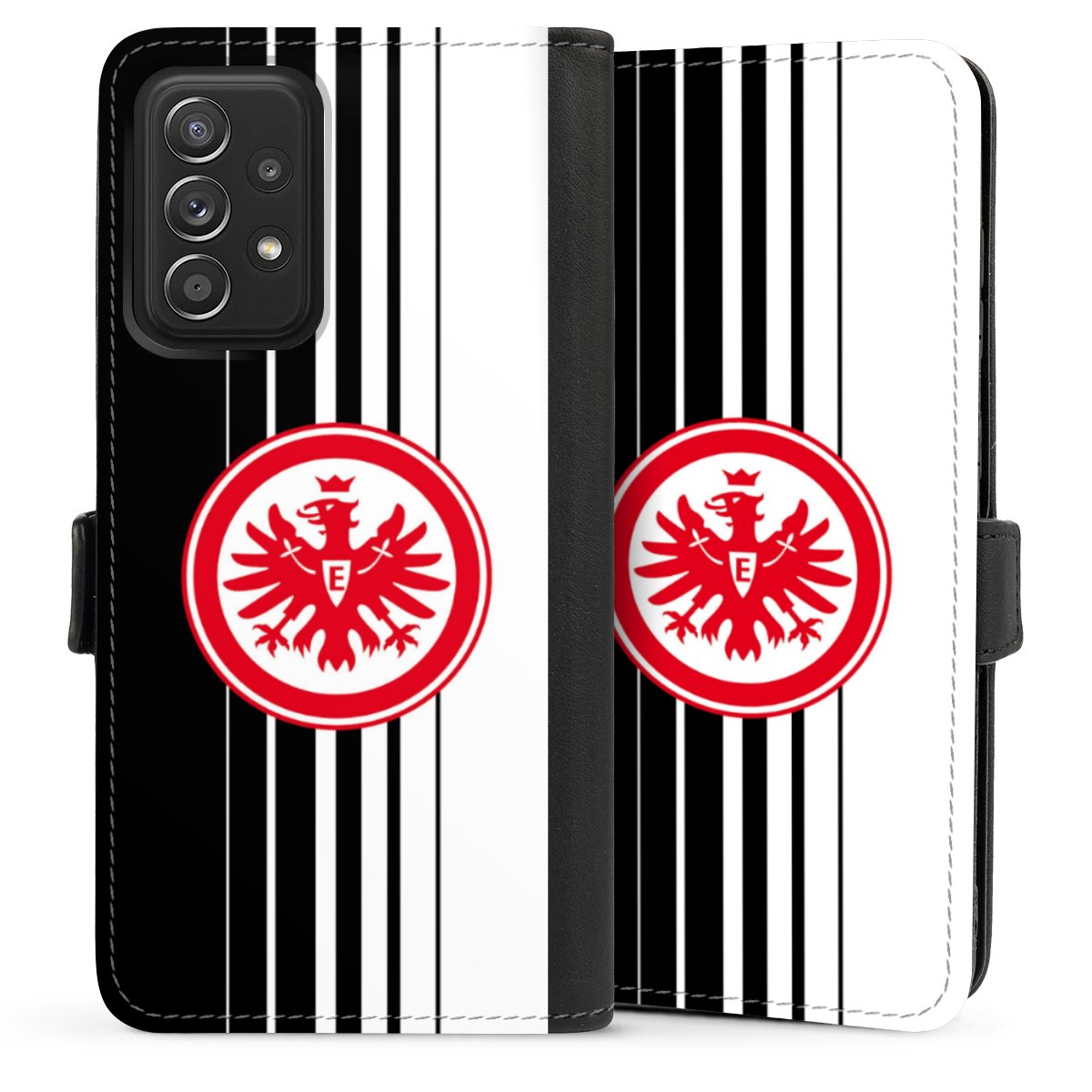 Galaxy A52 Handy Klapphülle Handyhülle aus Kunst Leder schwarz Flip Case Stripes Eintracht Frankfurt Official Licensed Product Sideflip mit Lasche