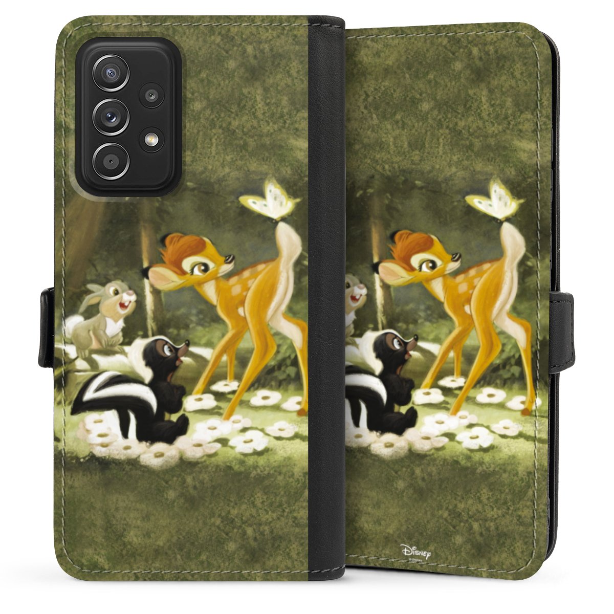 Galaxy A52 Handy Klapphülle Handyhülle aus Kunst Leder schwarz Flip Case Disney Official Licensed Product Bambi Sideflip mit Lasche