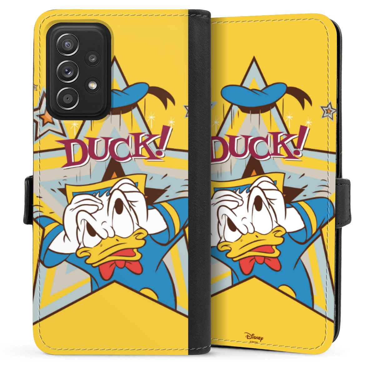 Galaxy A52 Handy Klapphülle Handyhülle aus Kunst Leder schwarz Flip Case Official Licensed Product Donald Duck Disney Sideflip mit Lasche