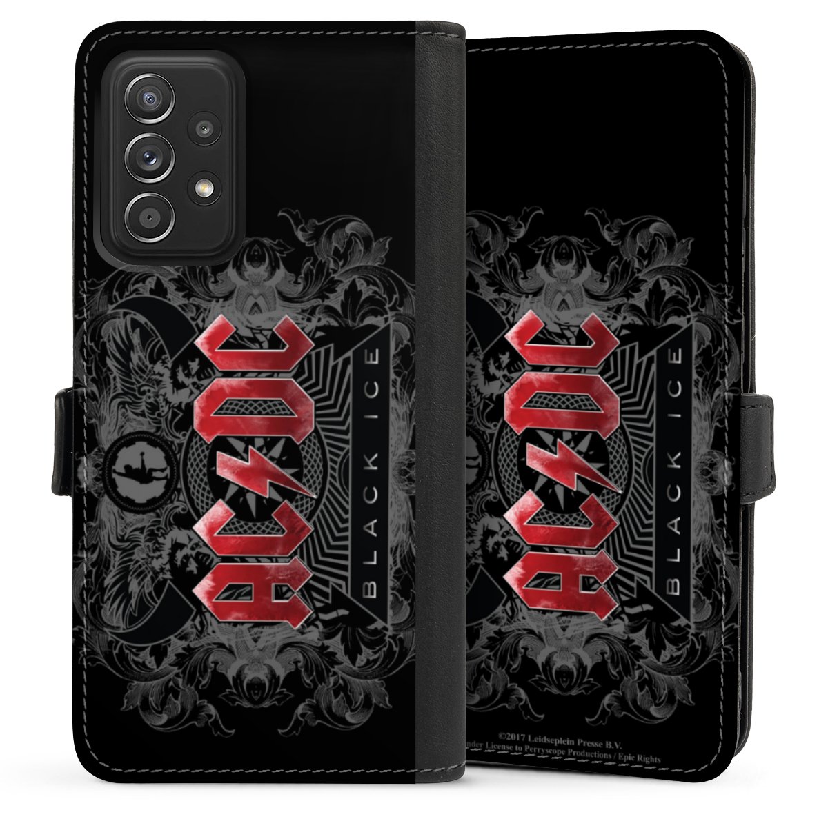 Galaxy A52 Handy Klapphülle Handyhülle aus Kunst Leder schwarz Flip Case Merchandise Black Ice Acdc Sideflip mit Lasche