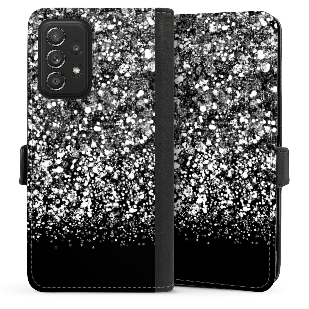 Galaxy A52 Handy Klapphülle Handyhülle aus Kunst Leder schwarz Flip Case Glitzer Snowflake Muster Sideflip mit Lasche