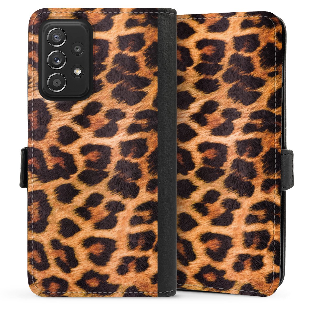 Galaxy A52 Handy Klapphülle Handyhülle aus Kunst Leder schwarz Flip Case Animal Print Leopard Fur Sideflip mit Lasche