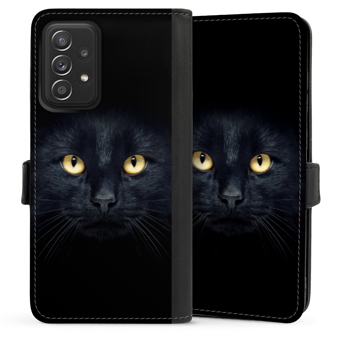 Galaxy A52 Handy Klapphülle Handyhülle aus Kunst Leder schwarz Flip Case Eye Cat Black Sideflip mit Lasche