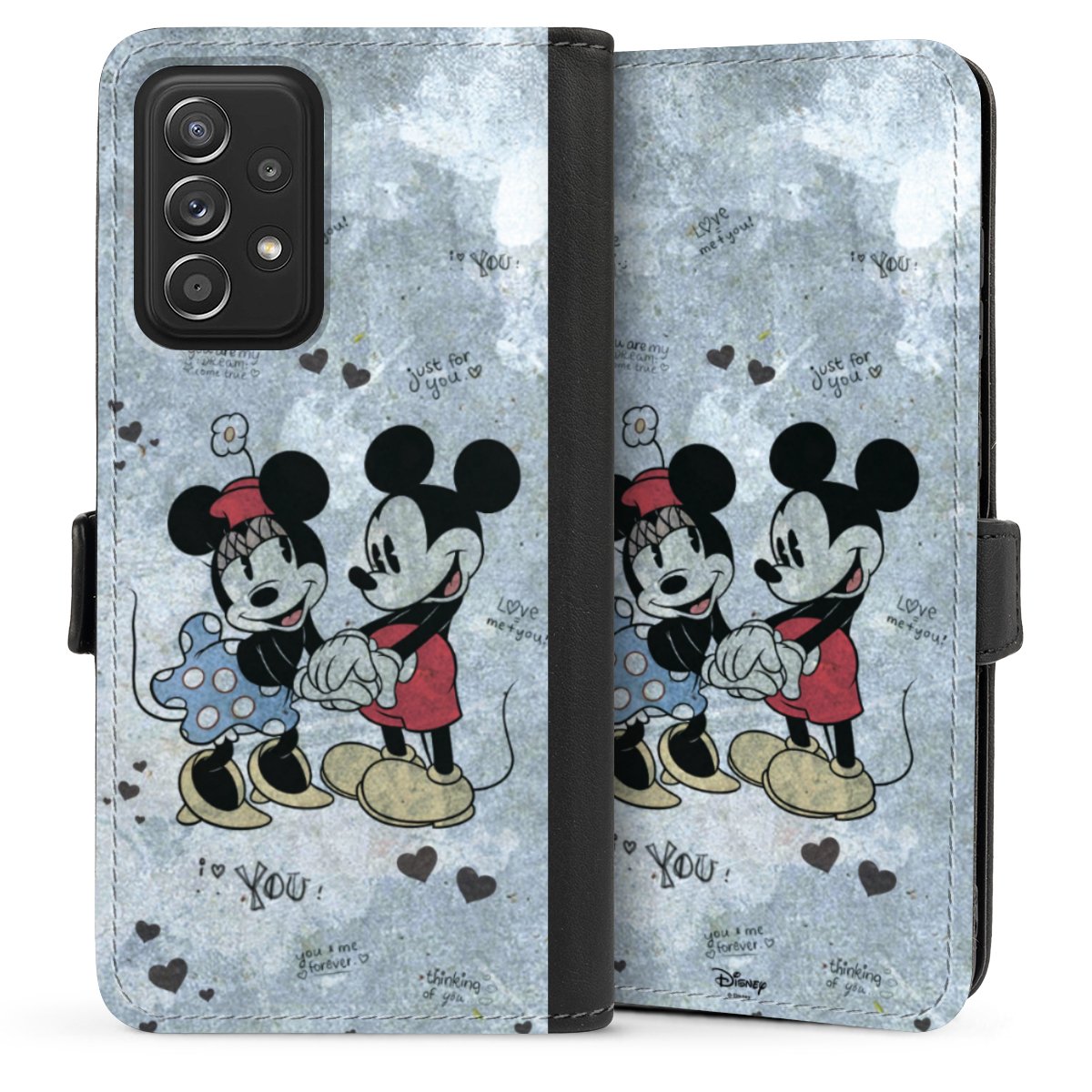 Galaxy A52 Handy Klapphülle Handyhülle aus Kunst Leder schwarz Flip Case Mickey & Minnie Mouse Vintage Disney Sideflip mit Lasche