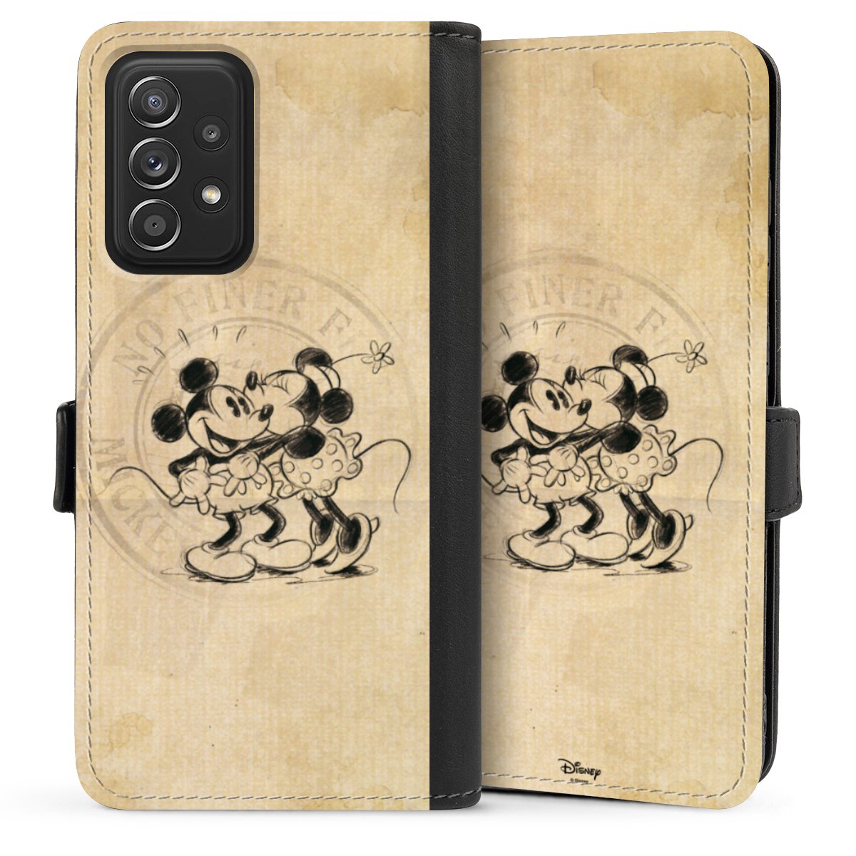 Galaxy A52 Handy Klapphülle Handyhülle aus Kunst Leder schwarz Flip Case Mickey Mouse Vintage Minnie Mouse Sideflip mit Lasche