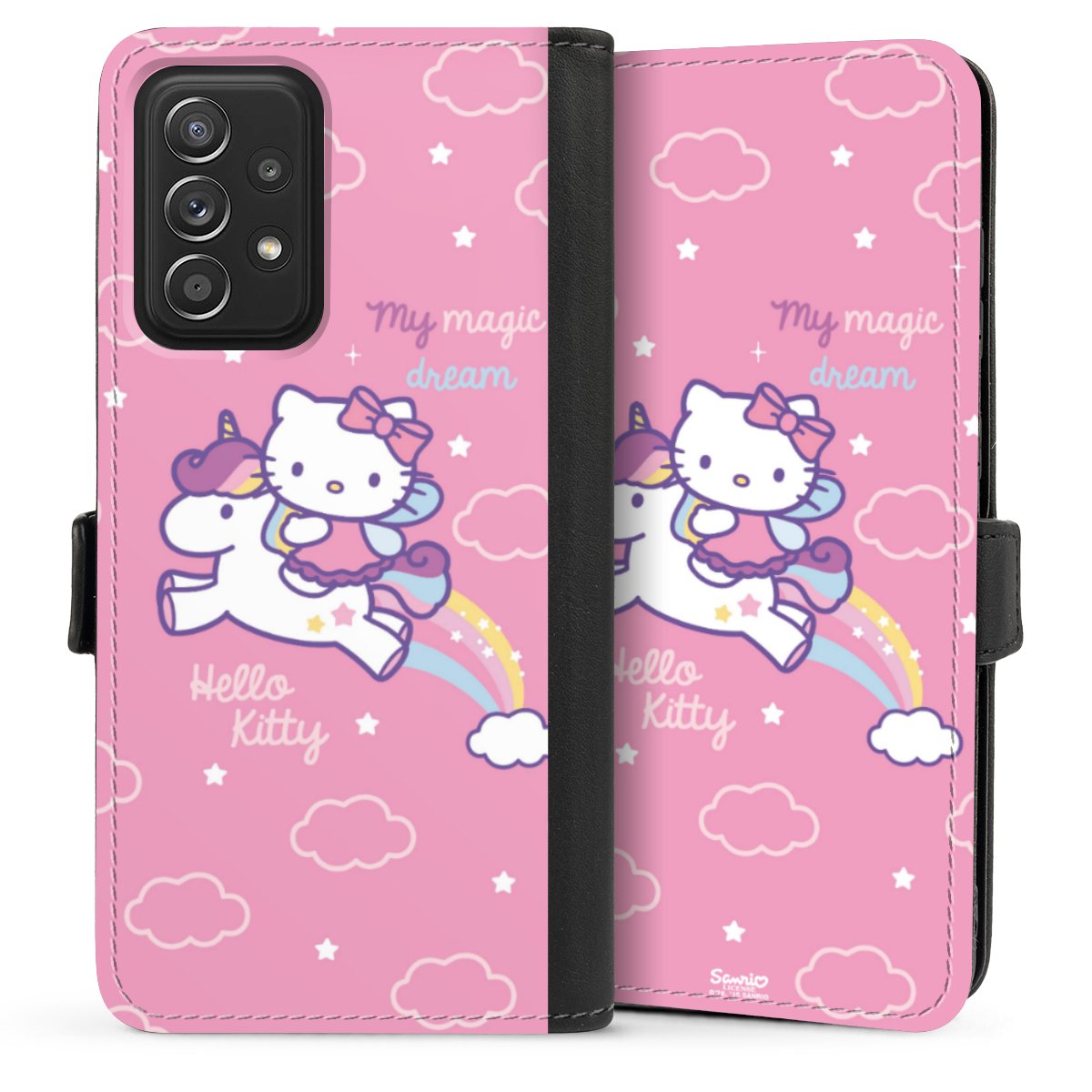 Galaxy A52 Handy Klapphülle Handyhülle aus Kunst Leder schwarz Flip Case Einhorn Official Licensed Product Hello Kitty Sideflip mit Lasche