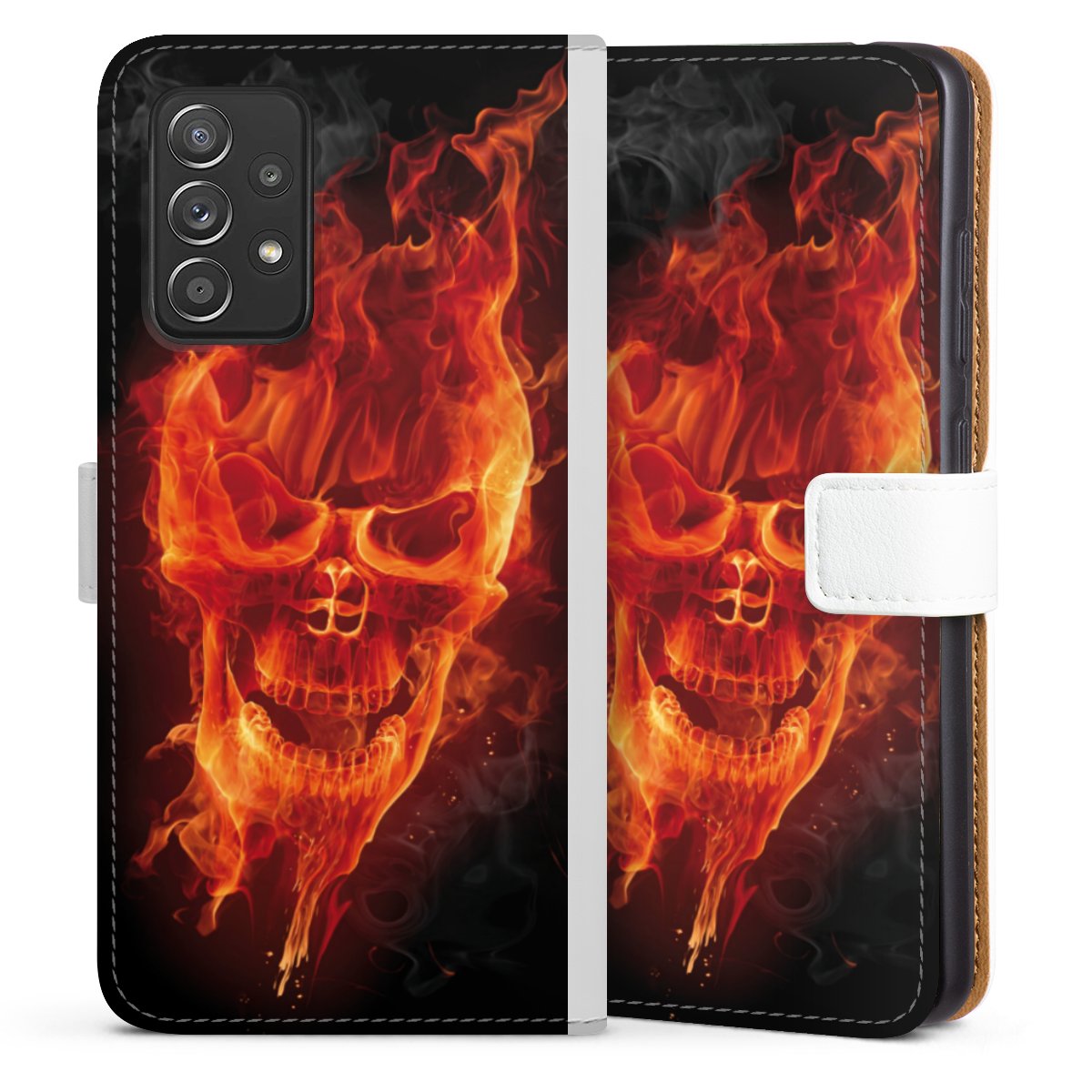 Galaxy A52s 5G Handy Klapphülle Handyhülle aus Kunst Leder weiß Flip Case Totenkopf Skull Fire Sideflip mit Lasche